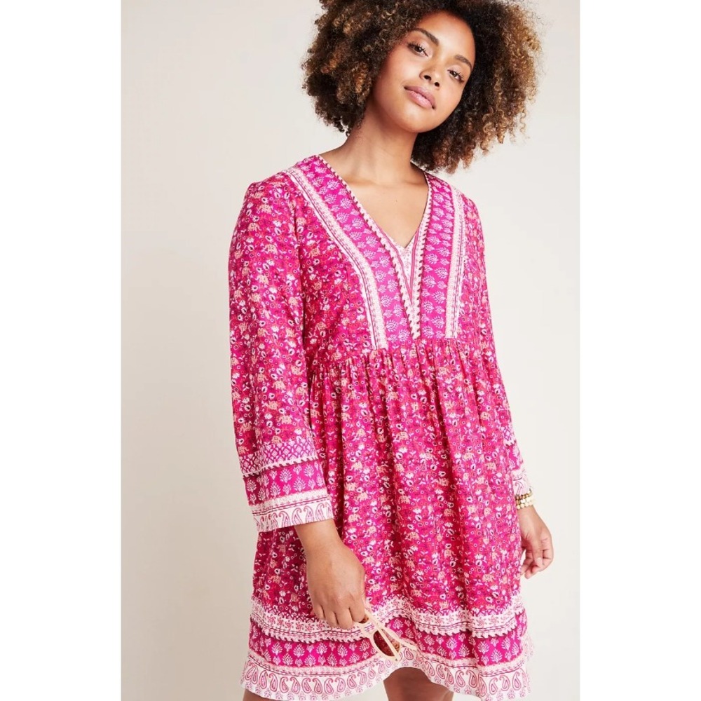 Maeve Anthropologie Isabel Embroidered Tunic Dress Pink V-neck Boho Mini Size S